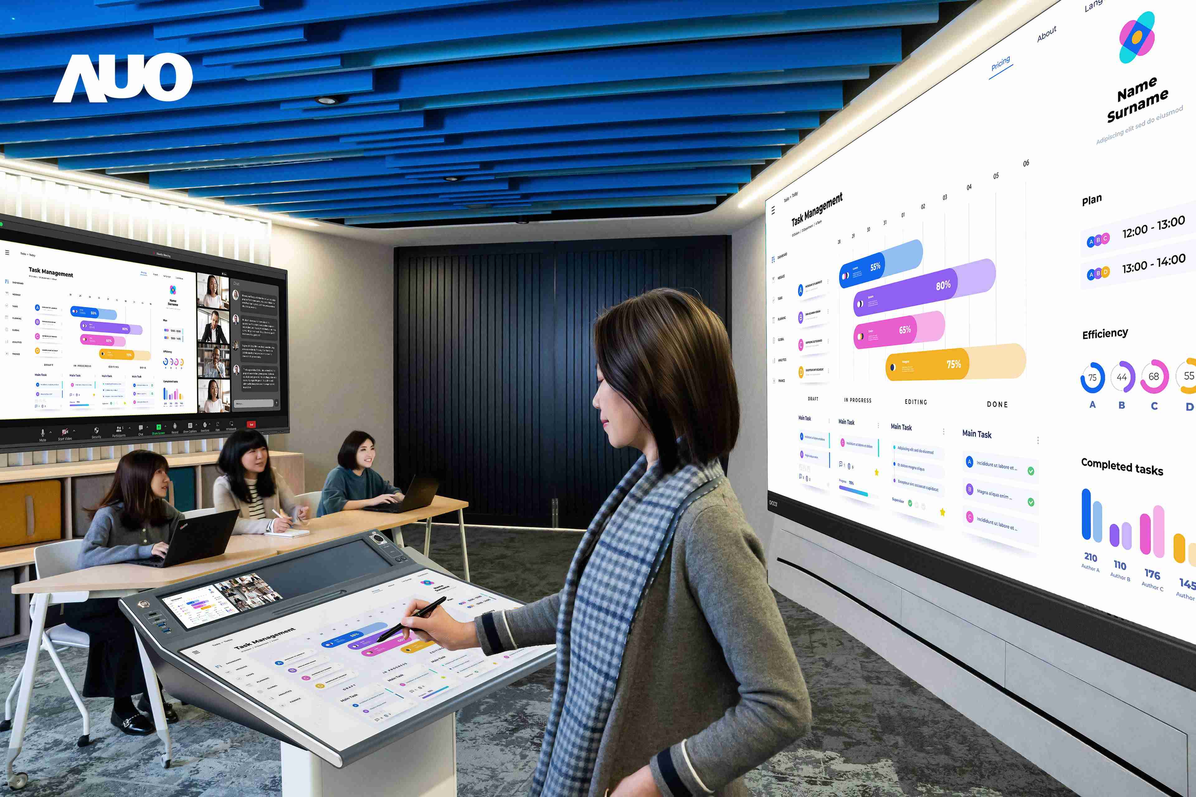 达擎携手Avocor与Rise Vision展示全方位商务领域应用，，，，包含采用模块化设计的138吋一体式All-in-One LED显示器及具21:9超宽比例的92吋交互式电子白板（IFPD），，，，讲者可轻松分享内容，，，有效提升会议协作效率。。。。